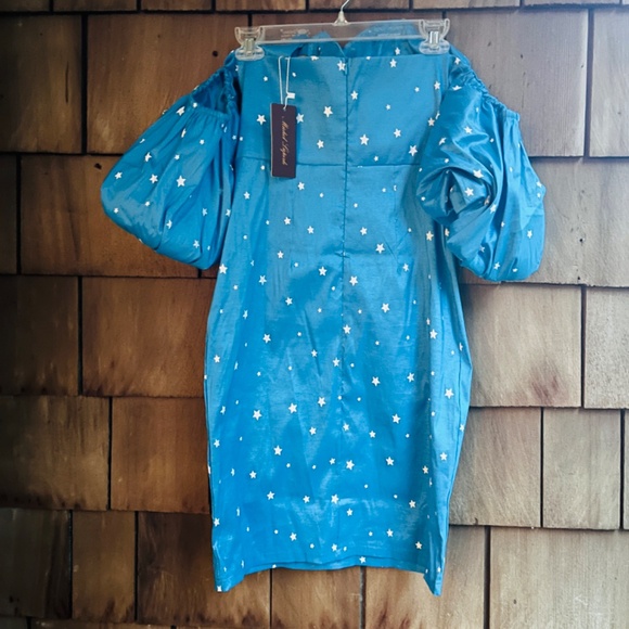 Michele Laperle White Stars Print Puff Sleeves Knee Length Blue Bustier Dress 8 - Picture 11 of 12